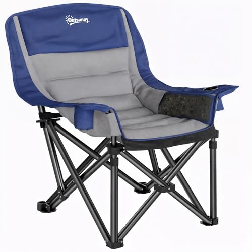 Outsunny Double Camping Chair for Adults, Padded Folding Camp Chair for 2 Person with Armrest, Wine Glass Holder, Cup Holder, Carry Bag for Outdoor Sports, Picnics, Supports up to 552 lbs. - color: Blue and Gray/Single
