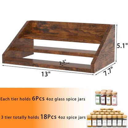 Spice Rack Organizer for Cabinet, Robust Wooden Display Riser Shelf Seasoning Organizer for Countertop Cupboard Pantry, Condiment Jar Kitchen Storage Holder Super Sturdy Stand, Rusitc Brown (3-Tier) - size: 3-Tier