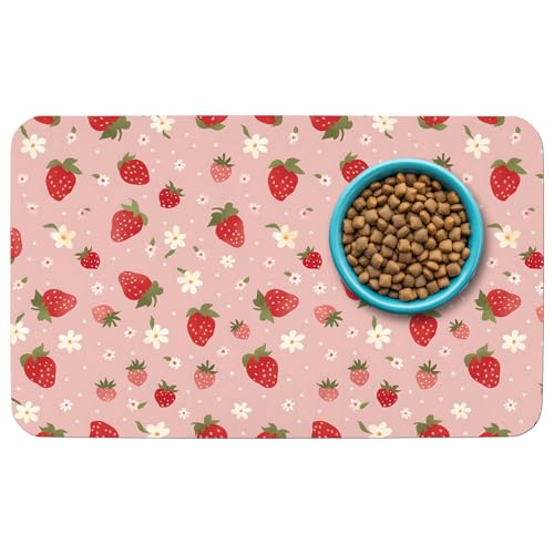 Patterned Cat & Dog Bowl Mat for Food and Water, 12"×20" Quick Dry Absorbent Pet Feeding Mat, Eco-Friendly Dog Placemat - color: Pink-strawberry, size: Small (12" x 20")