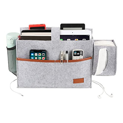 Surblue Bedside Caddy Felt Bed Storage Organizer Hanging Bag with Tissue Box and Water Bottle Pocket for Mattress, Sofa, Bunk Bed, Light Gray - color: Light Gray