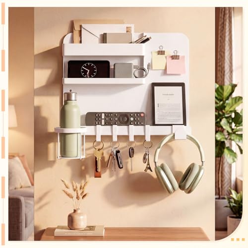 Novabright White 13 x 10 Inch Bedside Wall Organizer for Bedroom, Large Metal Floating Bedside Shelf Wall Mount Storage for Phone Remote Control Cup Holder Dorm Room, Rv, Small Room Accessories