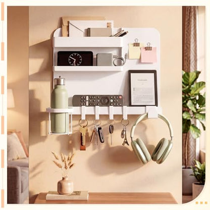 Novabright White 13 x 10 Inch Bedside Wall Organizer for Bedroom, Large Metal Floating Bedside Shelf Wall Mount Storage for Phone Remote Control Cup Holder Dorm Room, Rv, Small Room Accessories