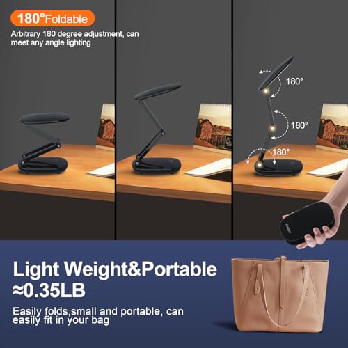Akejrym LED Desk Lamp for Office Home & Battery Operated Lamp Rechargeable Lamp Foldable & Portable Light, [2-Fold Bracket] 3 Brightness Dimmable Small Desk Lamp Wireless Reading Lamp (Black) - color: Black