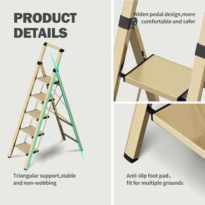 5 Step Step Ladder,Lightweight Folding Step Stool with Anti-Slip Aluminum Wide Pedal&Convenient Handgrip,Steel Ladder for Household and Office(Gold) - color: Gold, size: 5 Step
