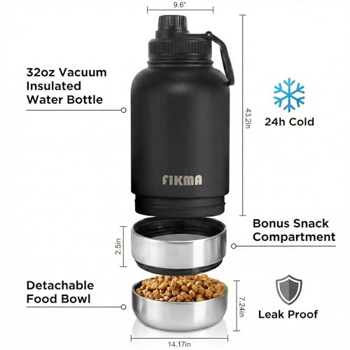 Insulated Dog Water Bottle with 2 Bowls, 32oz Insulated Stainless Steel Travel Bottle for Pets, Leak-Proof Portable Design for Hiking, Camping & Travel (Black)