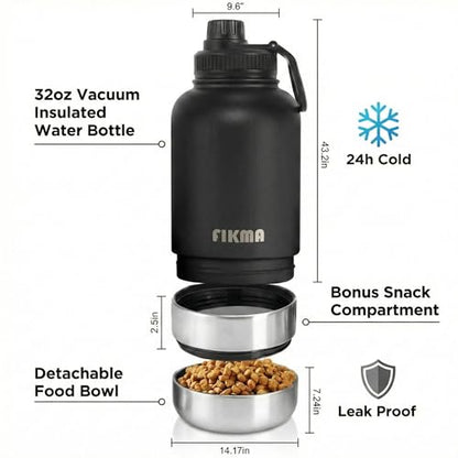 Insulated Dog Water Bottle with 2 Bowls, 32oz Insulated Stainless Steel Travel Bottle for Pets, Leak-Proof Portable Design for Hiking, Camping & Travel (Black)