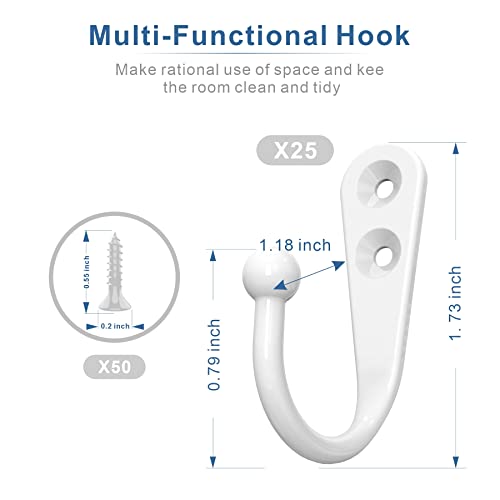 ZAYBOD 25 Pack White Hooks for Hanging - Heavy Duty Zinc Alloy Wall Mounted Hook Bulk for Coats, Towels - Matte White Single Coat Hook, Multi-Room Modern Closet Hardware Value Set - color: 25PCS + White Hook