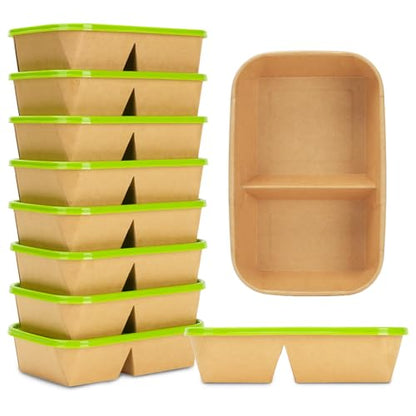 8 Pack 32oz Paper Lunch Box Bento Boxes, 2-Compartment Kraft Brown Paper Take Out Food Containers with Lids, Leakproof & Microwave Safe, Disposable To Go Boxes for Picnics, Offices, Catering, Green - color: Green Lid & Kraft Brown Box