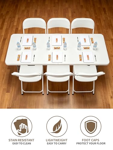 6FT Folding Camping Table Portable 350lbs, 6 Foot Folding Picnic Card Table for Outdoor, Plastic Rectangular Dining Work Tables for Indoor, Heavy Duty Fold-in-Half Tray Tables, 71x29 inch - size: 6 FT