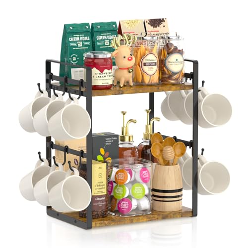 EsLuker.ly 2 Tier Coffee Mug Holder Station Bar Organize Countertop, Mug Cup Tree Rack for Kitchen Office, Storage Shelf with 12 Removable Hooks, Creat Stylish Coffee Corner - color: Antique Brown + Black