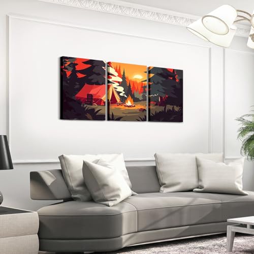 Erosebridal Happy Camping Framed Wall Decor Camper Adventure Canvas Wall Art For Bedroom Bathroom Campsite Bonfire Campfire Paintings Posters 3 Piece 12"X16" Nature Forest Sunset Pictures Prints - color: Orange Green Brown