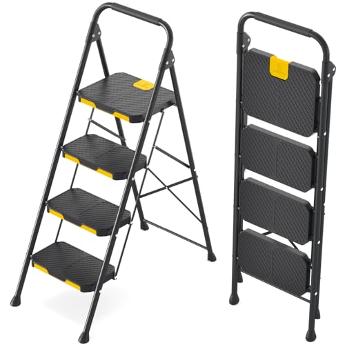 KINGRACK 4 Step Ladder, Sturdy Steel Step Stool with Safe-Lock Design, Handrail, Anti-Slip Wide Pedals, Pass 800lbs Load Testing, Folding Portable Ladder for Multi-Purpose, Home, Kitchen, Black - size: 4 Step Ladder