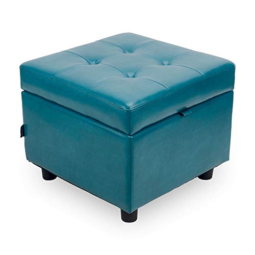 H&B Luxuries Tufted Leather Square Flip Top Storage Ottoman Cube Foot Rest (Blue with Storage) - color: Blue With Storage