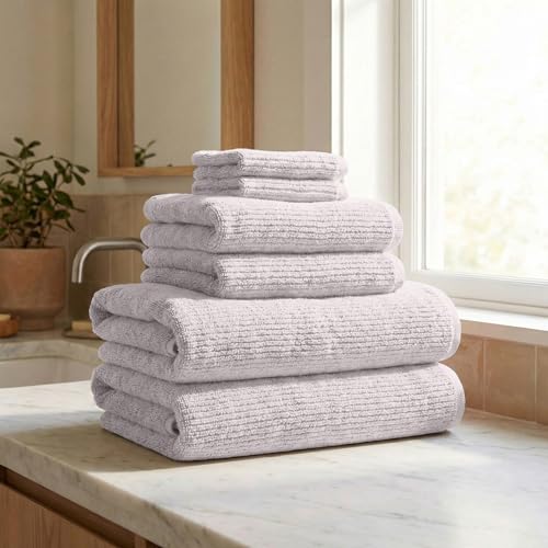 Great Bay Home Turkish Cotton 6 Piece Towel Set - Absorbent, Quick-Drying, Ribbed Bath Towels for Bathroom - Zero-Twist Fibers (Arctic Fog) - color: Arctic Fog