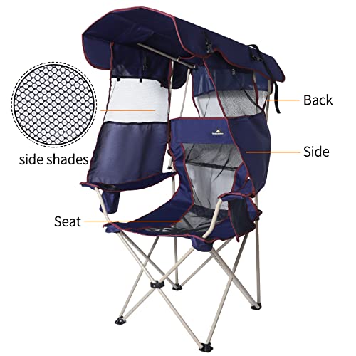 Camping Chair with Canopy - Beach Chair with Shade for Outdoor Use, Adjustable Sunshade, Cup Holder, Side Pockets - Heavy Duty Folding Chair Supports 330 lbs (Navy) - color: Navy
