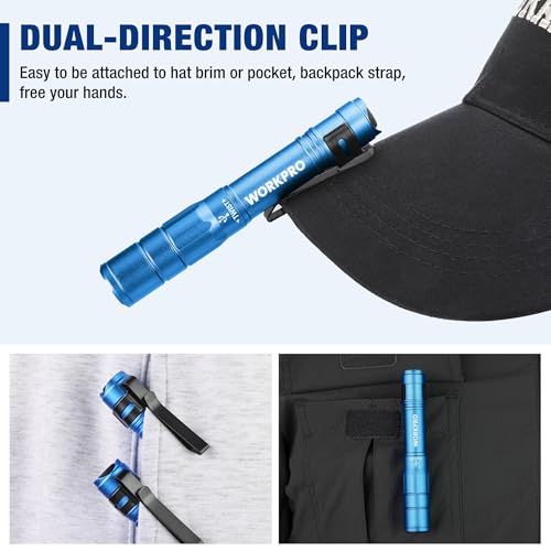 WORKPRO Rechargeable Pen Light, Mini Flashlight, 2 Pack Ultra-Compact EDC Flashlight, Pocket Flashlight with Clip, Memory Function and 2 x USB C Cable Included, Blue - color: Blue