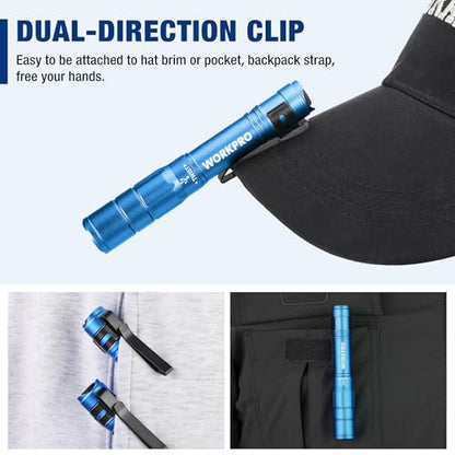 WORKPRO Rechargeable Pen Light, Mini Flashlight, 2 Pack Ultra-Compact EDC Flashlight, Pocket Flashlight with Clip, Memory Function and 2 x USB C Cable Included, Blue - color: Blue