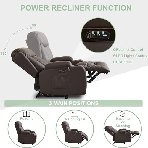 TUNYI Power Recliner Sofa with Massage & Heat Home Theater Seating with Console RV Recliner Sofa with USB/Storage/Side Pocket/LED Light/Speaker (Brown, 1PC) - color: Brown, size: 1 Seat