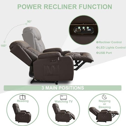TUNYI Power Recliner Sofa with Massage & Heat Home Theater Seating with Console RV Recliner Sofa with USB/Storage/Side Pocket/LED Light/Speaker (Brown, 1PC) - color: Brown, size: 1 Seat