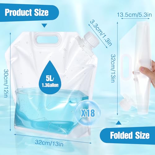 18 Pcs 5 L Collapsible Water Container Bag, 1.3 Gallon Collapsible Water Storage Bag Water Container Emergency Jug Clear Plastic Water Storage Bag Foldable Water Bag For Camping Riding