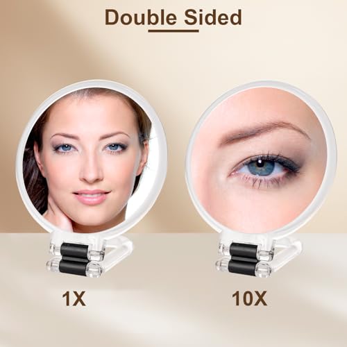 BOOMIBOO 1X/10X Magnifying Handheld Mirror Double Sided, Foldable Travel Makeup Mirror, Adjustable Rotation Pedestal Hand/Hanging/Desk Vanity Mirror-Clear - color: Clear