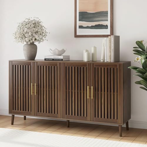 Smart FENDEE 63" Long Sideboard Buffet with 4 Slatted Doors, Farmhouse Buffet Storage Cabinet with Adjustable Shelf, Coffee Bar Cabinet for Entryway, Kitchen, Dining Room, Living Room, Walnut Color - color: Walnut, size: 63 inch