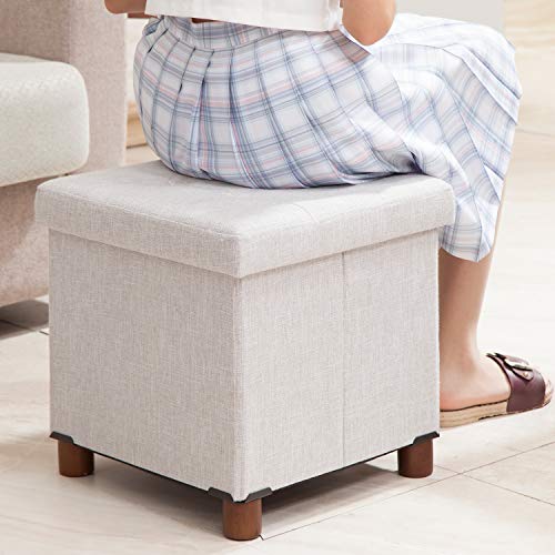 15 Inch Storage Ottoman with Wooden Legs - Cube Foot Rest Stool, Square Footstool, Comfortable Seat with Lid, Foldable Fabric Ottoman, Space-Saving White - color: Squ Light Grey