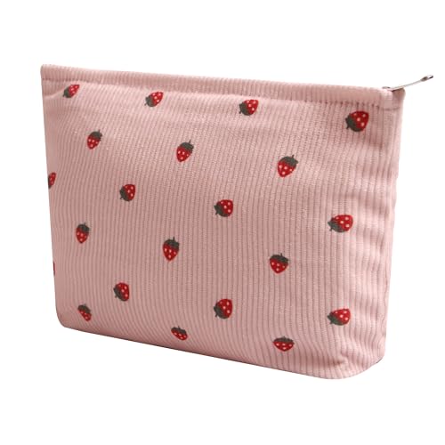 Cosmetic Bags for Women - Corduroy Cosmetic Bag Aesthetic Women Handbags Purses Smile Dots Makeup Organizer Storage Makeup Bag Girls Case Bags (Flowers-Pink strawberry) - color: Flowers-Pink strawberry