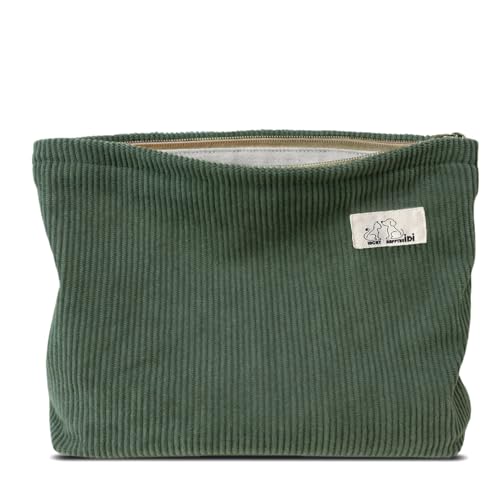 HAPPYHEIDI Corduroy Makeup Bag with Compartment Cosmetic Toiletry Travel Pouch, Make Up Accessory Organizer, Zipper Closure, Canvas Lined - color: LG Navy Green Corduroy