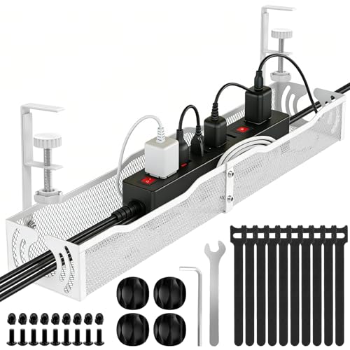 Cable Management, 25.3'' Under Desk Cable Management Tray No Drill, Metal Cable Organizer with Clamp for Wire Management, Cord Organizer for Home Office, Desk Accessories Organizer, White - color: White, size: 25.3 inch