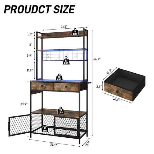 jiteentarou 64 inch Coffee Bar Cabinet with Power Outlets and Drawers,5-Tier Bakers Rack with Storage,Microwave Stand for Kitchen Industrial Coffee Bar Station with LED Lights and Hook
