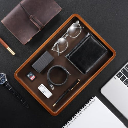 ProCase Wooden Valet Tray for Men, Wood Catch-All EDC Organizer, Fathers Day Gift, Nightstand Entryway Bedside Dump Holder for Wallets, Keys, Watches, Phones, Loose Change, Trinkets -DarkBrown - color: Dark Brown