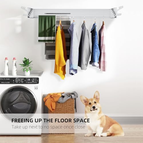 Laundry Drying Rack, Collapsible Wall Mounted Clothes Drying Rack - Foldable,Space Saving, 13.2 Linear Ft, 5 Aluminum Rods, 60 lb Capacity (White, 31.5" Wide) - size: 31.5"