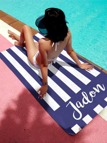 MeMoShe Personalized Beach Towel with Name Custom Microfiber Kids Beach Towels Sand Free Quick Dry Pool Towel Blanket Stripes Print Beach Towels for Adults 30x60 Inch-Navy-3 - color: Navy-3