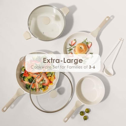 SENSARTE Nonstick Ceramic Cookware Set Large-Size 13-Piece, Healthy Pots and Pans Set, Non-toxic Kitchen Cooking Set with Stay-Cool Handles, PFAS and PFOA Free, Cream White - color: Antique White