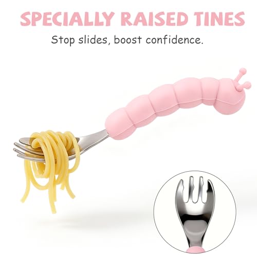 Toddler Utensils, Stainless Steel Baby Forks and Spoons Set Caterpillar Silicone Handle, Kids Silverware with Portable Storage Case, Baby Feeding Essentials, Dishwasher Safe (Pink) - color: Pink