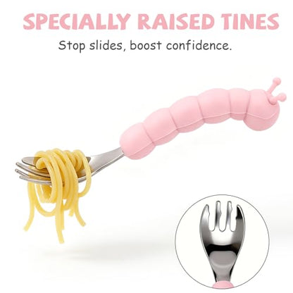Toddler Utensils, Stainless Steel Baby Forks and Spoons Set Caterpillar Silicone Handle, Kids Silverware with Portable Storage Case, Baby Feeding Essentials, Dishwasher Safe (Pink) - color: Pink