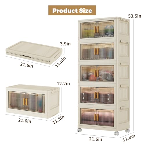 5 Tier Stackable Plastic Storage Bins with Lids 48QT, Collapsible Closet Organizers and Storage with Wheels for Living Room,Office,Dorm - size: 48Qt-5pack