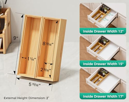 Bamboo Kitchen Drawer Organizer Boxes – 9" x 3" Stackable Wood Silverware Utensil Tray for Drawers Bins, Cutlery & Flatware Storage – Wooden Organizers Set of 2 for Junk Drawer, Bathroom, RV - size: 9" x 3" x 2"