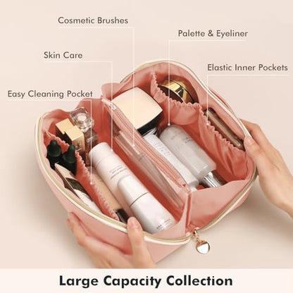 Prite Makeup Bag for Women Travel Waterproof Vegan Leather Cosmetic Bag Open Flat Toiletry Bag With Clear Divider and Handle (Pink, Large) - color: Pink, size: Large