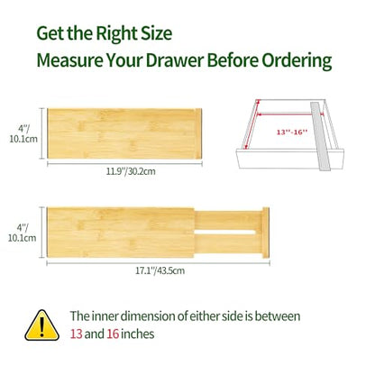 VaeFae 3 Pack Bamboo Drawer Dividers, 4" High Adjustable 11.9-17.1" Clothes Drawer Organizers, Expandable Separators for Bedroom/Bathroom/Kitchen/Office Storage - size: 4''H, 11.9''-17.1''L, 3 Pack