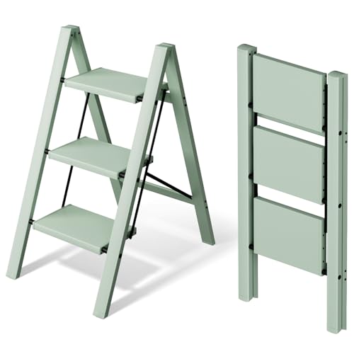 Mayi Plus 3 Step Ladder,Aluminum Folding Step Stool for Adults,Step Ladder with Wide Anti-Slip Pedal,330 lbs Capacity for Home,Office,Kitchen,Library(Green) - color: Green, size: 3 Step