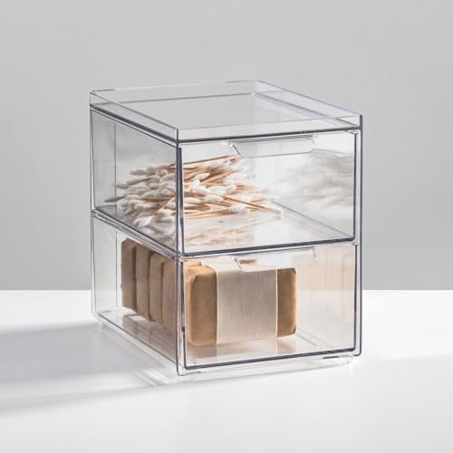 mDesign Stackable Storage Containers Box with 2 Pull-Out Drawers - Stacking Plastic Drawer Bins for Master or Guest Bathroom, Linen Closet, Vanity, or Makeup Table - Lumiere Collection - 8 Pack, Clear - size: 8 x 6 x 7 (Pack of 8)