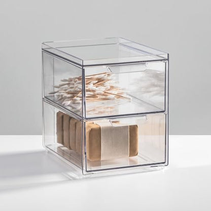 mDesign Stackable Storage Containers Box with 2 Pull-Out Drawers - Stacking Plastic Drawer Bins for Master or Guest Bathroom, Linen Closet, Vanity, or Makeup Table - Lumiere Collection - 8 Pack, Clear - size: 8 x 6 x 7 (Pack of 8)