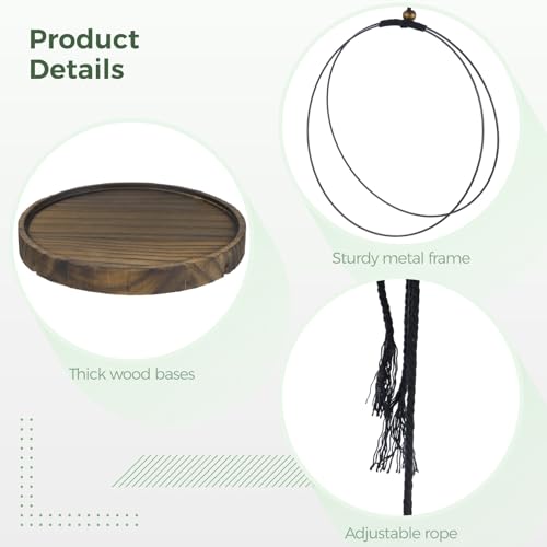 3 Pcs Hanging Plant Shelf, Round Wood Base with Black Metal Frame, Plant Holder with Adjustable Rope for Living Room, Balcony, Bedroom, Indoor Plant Display