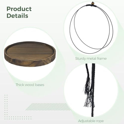 3 Pcs Hanging Plant Shelf, Round Wood Base with Black Metal Frame, Plant Holder with Adjustable Rope for Living Room, Balcony, Bedroom, Indoor Plant Display
