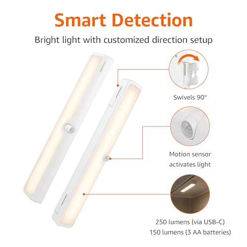 Amazon Basics LED Motion Sensor Light Bar, USB/Battery Operated, 250 Lumens, 12 Inches, Swivel, Under Cabinet Lighting for Closet, Kitchen, 2-Pack, White - style: LED Light Bar, Sensing Swivel