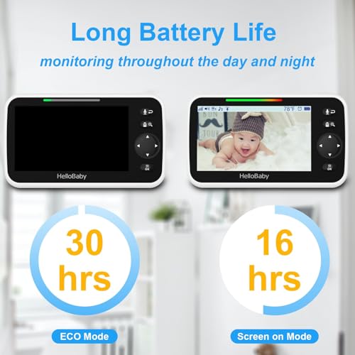 HelloBaby Upgrade 5’’ Baby Monitor with 30-Hour Battery, 2 Cameras Pan-Tilt-Zoom, 1000ft Range Video Audio Baby Monitor No WiFi, VOX, Night Vision, 2-Way Talk, 8 Lullabies and Temperature - size: 5 inch (Dual Cam)