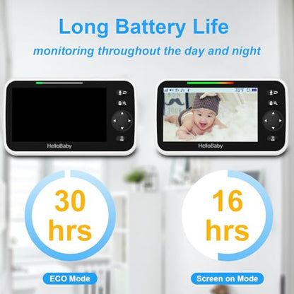 HelloBaby Upgrade 5’’ Baby Monitor with 30-Hour Battery, 2 Cameras Pan-Tilt-Zoom, 1000ft Range Video Audio Baby Monitor No WiFi, VOX, Night Vision, 2-Way Talk, 8 Lullabies and Temperature - size: 5 inch (Dual Cam)