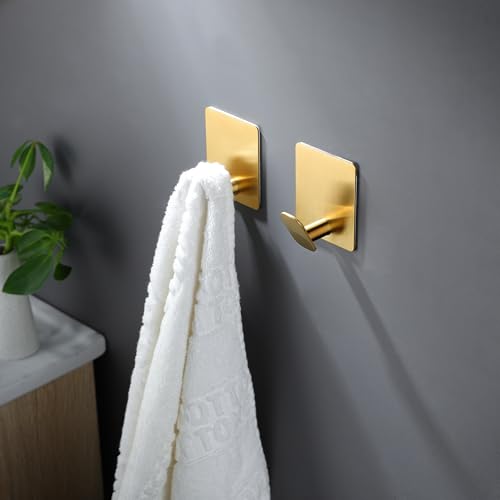 DELITON 8 Pack Gold Wall Hooks - Adhesive Towel Hooks for Bathrooms Kitchen Livingroom Garage, Heavy Duty Hook for Walls, No Damage, Stainless Steel - color: Gold-8
